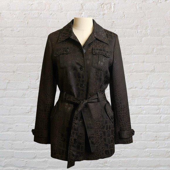 Bisou Bisou Croc Print Belted Jacket Brown/Black Faux Leather Look Trench Size L - Picture 1 of 13